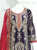 Dark Purple Chinon Chiffon Embroidered Straight Suit with Kali Plazo & Red Dupatta | 3743 C - Patel Brothers NX 11