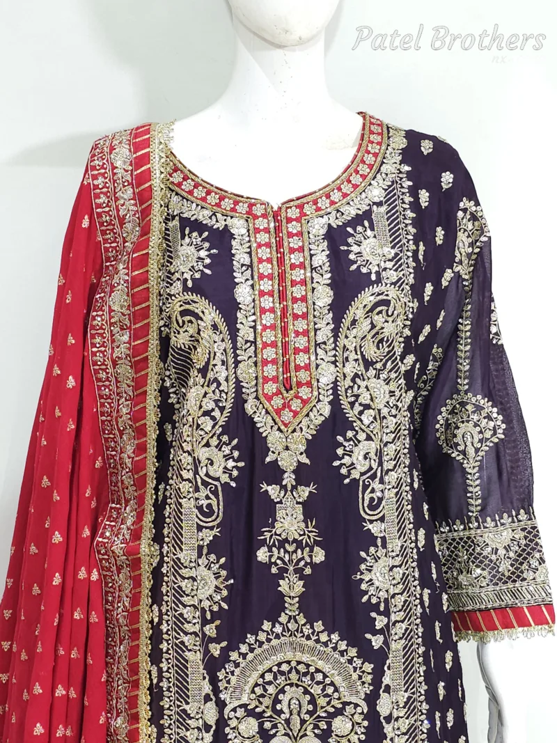 Dark Purple Chinon Chiffon Embroidered Straight Suit with Kali Plazo & Red Dupatta | 3743 C - Patel Brothers NX 5
