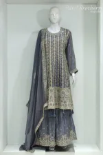 Dark Grey Shimmer Tissue Palazzo Suit with Multicolored Embroidery & Pure Chiffon Dupatta - Patel Brothers NX 9