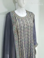 Dark Grey Shimmer Tissue Palazzo Suit with Multicolored Embroidery & Pure Chiffon Dupatta - Patel Brothers NX 10