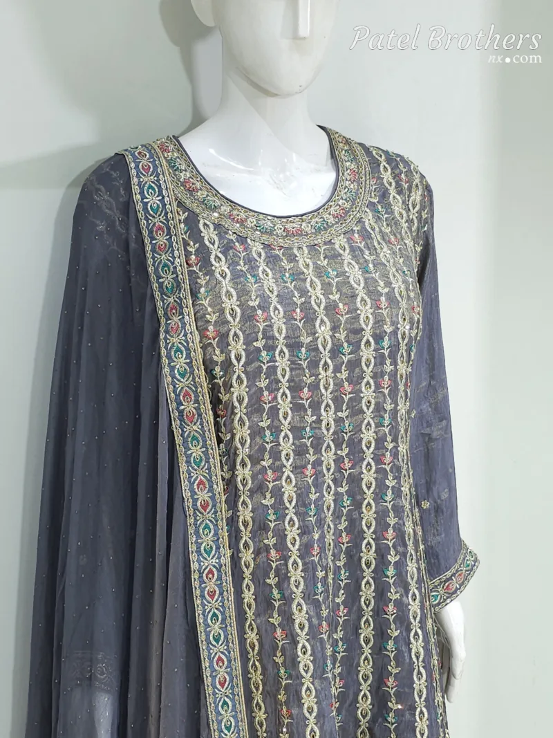 Dark Grey Shimmer Tissue Palazzo Suit with Multicolored Embroidery & Pure Chiffon Dupatta - Patel Brothers NX 4