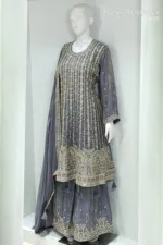 Dark Grey Shimmer Tissue Palazzo Suit with Multicolored Embroidery & Pure Chiffon Dupatta - Patel Brothers NX 14