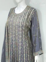 Dark Grey Shimmer Tissue Palazzo Suit with Multicolored Embroidery & Pure Chiffon Dupatta - Patel Brothers NX 13