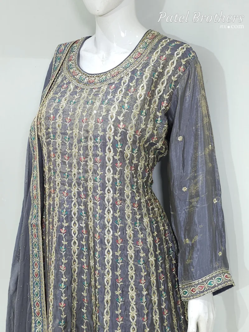 Dark Grey Shimmer Tissue Palazzo Suit with Multicolored Embroidery & Pure Chiffon Dupatta - Patel Brothers NX 7