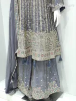 Dark Grey Shimmer Tissue Palazzo Suit with Multicolored Embroidery & Pure Chiffon Dupatta - Patel Brothers NX 12