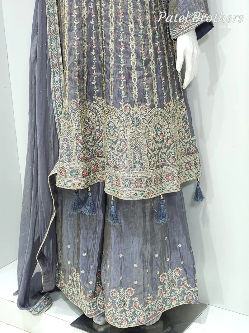 Dark Grey Shimmer Tissue Palazzo Suit with Multicolored Embroidery & Pure Chiffon Dupatta - Patel Brothers NX 6