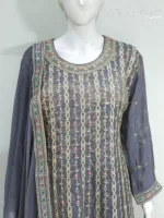 Dark Grey Shimmer Tissue Palazzo Suit with Multicolored Embroidery & Pure Chiffon Dupatta - Patel Brothers NX 11