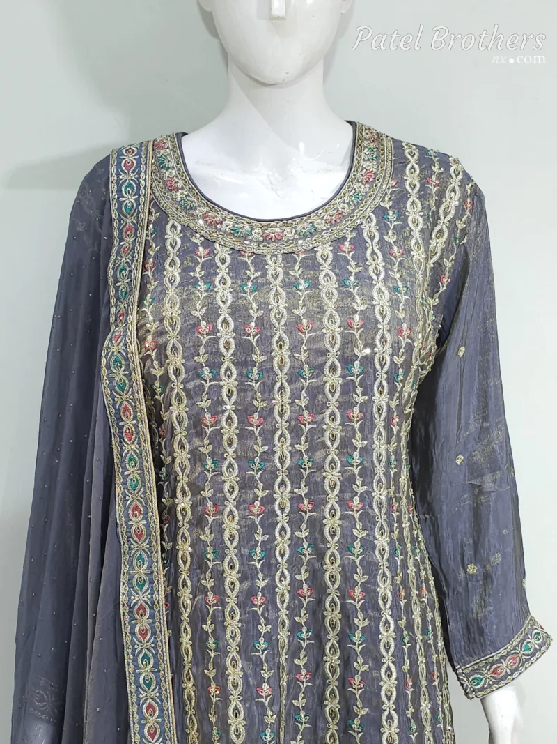 Dark Grey Shimmer Tissue Palazzo Suit with Multicolored Embroidery & Pure Chiffon Dupatta - Patel Brothers NX 5