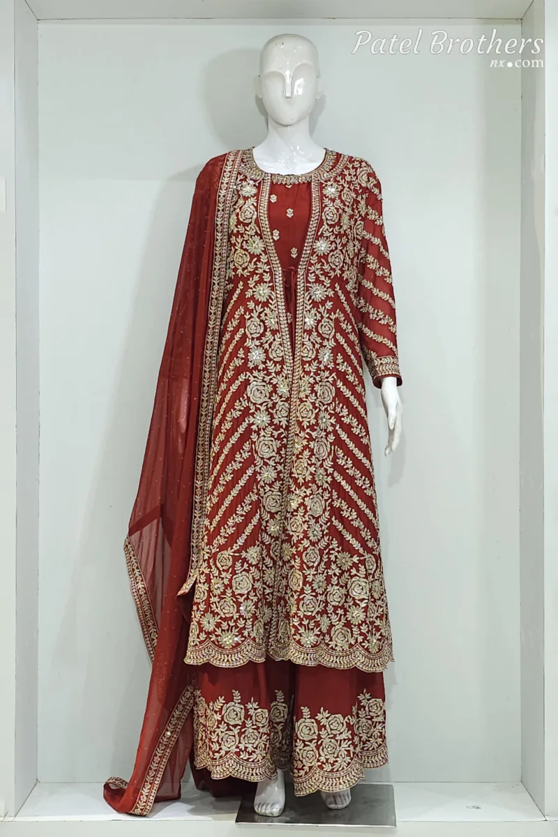 Rust Pure Chinon Chiffon Jacket Style Palazzo Suit | 3728 A - Patel Brothers NX 3