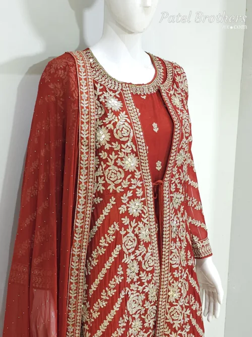 Rust Pure Chinon Chiffon Jacket Style Palazzo Suit | 3728 A - Patel Brothers NX 4