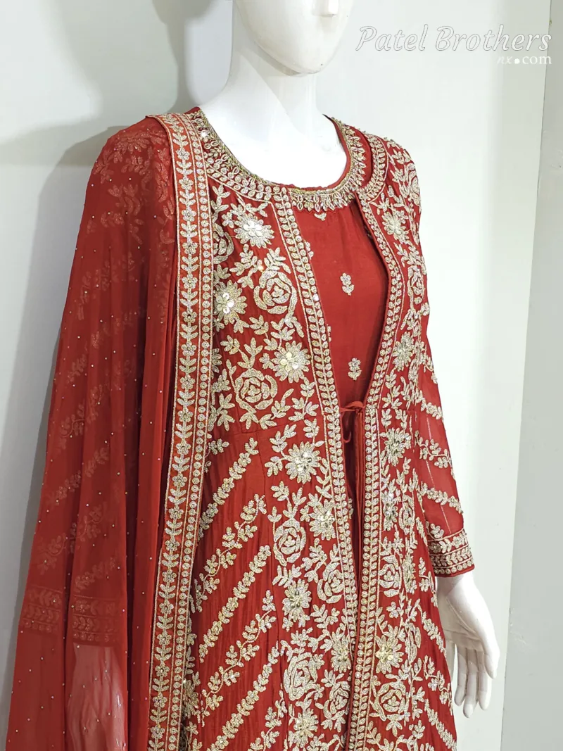 Rust Pure Chinon Chiffon Jacket Style Palazzo Suit | 3728 A - Patel Brothers NX 6
