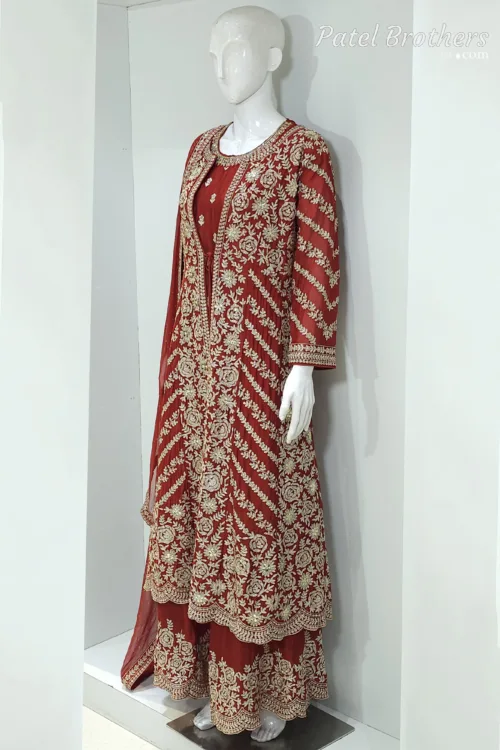 Rust Pure Chinon Chiffon Jacket Style Palazzo Suit | 3728 A - Patel Brothers NX 3