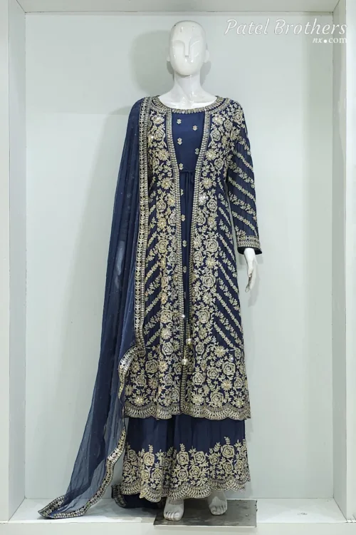 Navy Blue Pure Chinon Chiffon Jacket Style Palazzo Suit | 3728 B - Patel Brothers NX