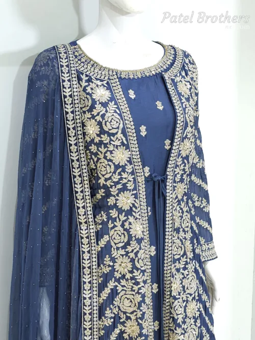 Navy Blue Pure Chinon Chiffon Jacket Style Palazzo Suit | 3728 B - Patel Brothers NX 2