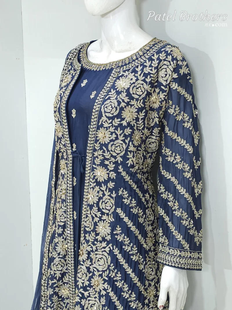 Navy Blue Pure Chinon Chiffon Jacket Style Palazzo Suit | 3728 B - Patel Brothers NX 9