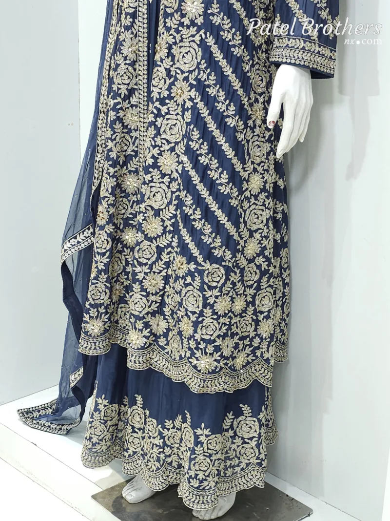 Navy Blue Pure Chinon Chiffon Jacket Style Palazzo Suit | 3728 B - Patel Brothers NX 8