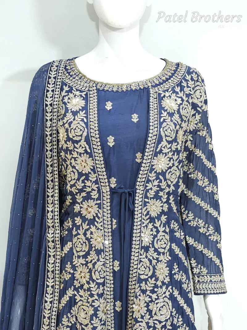 Navy Blue Pure Chinon Chiffon Jacket Style Palazzo Suit | 3728 B - Patel Brothers NX 7
