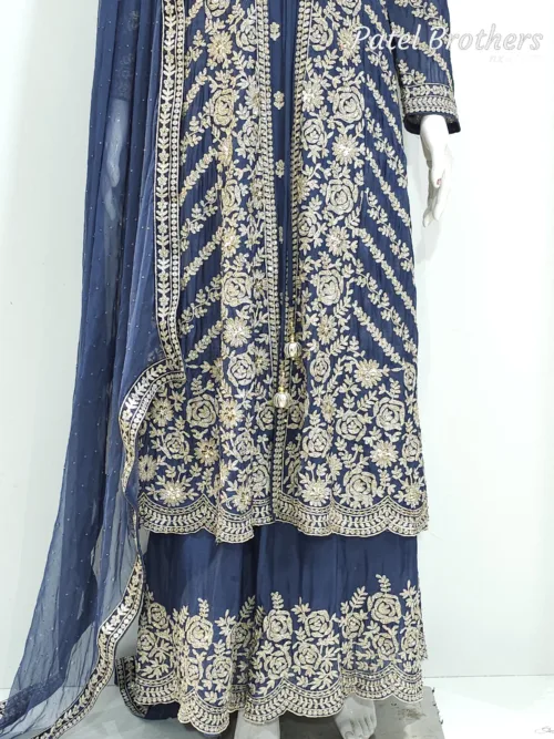 Navy Blue Pure Chinon Chiffon Jacket Style Palazzo Suit | 3728 B - Patel Brothers NX 4