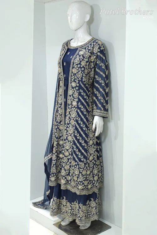 Navy Blue Pure Chinon Chiffon Jacket Style Palazzo Suit | 3728 B - Patel Brothers NX 3