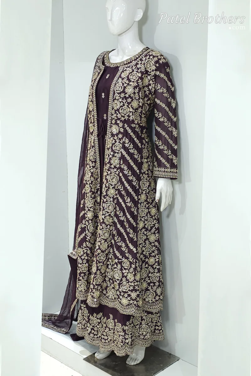 Deep Plum Pure Chinon Chiffon Jacket Style Palazzo Suit | 3728 C - Patel Brothers NX 7