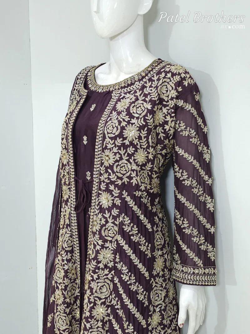 Deep Plum Pure Chinon Chiffon Jacket Style Palazzo Suit | 3728 C - Patel Brothers NX 6