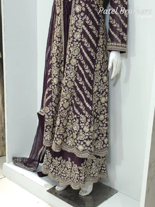 Deep Plum Pure Chinon Chiffon Jacket Style Palazzo Suit | 3728 C - Patel Brothers NX 3