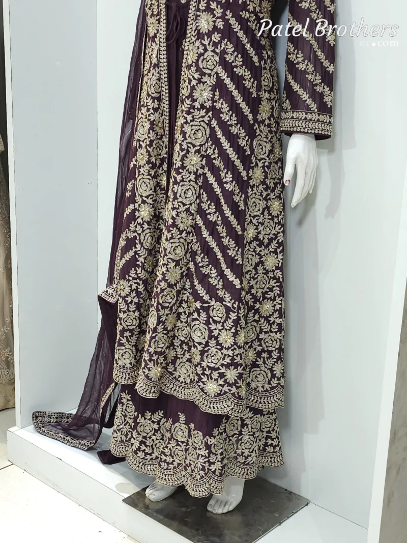 Deep Plum Pure Chinon Chiffon Jacket Style Palazzo Suit | 3728 C - Patel Brothers NX 5