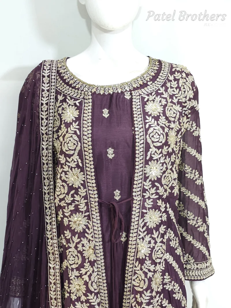 Deep Plum Pure Chinon Chiffon Jacket Style Palazzo Suit | 3728 C - Patel Brothers NX 4