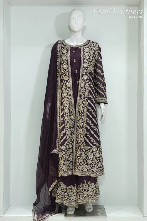 Dark Grey Shimmer Tissue Palazzo Suit with Multicolored Embroidery & Pure Chiffon Dupatta - Patel Brothers NX 16