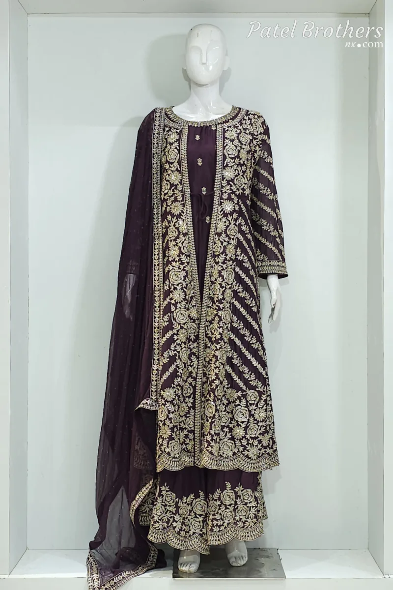 Deep Plum Pure Chinon Chiffon Jacket Style Palazzo Suit | 3728 C - Patel Brothers NX 3