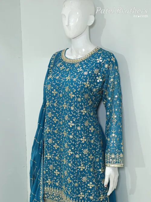 Teal Blue Heavy Embroidered Pure Georgette Plazo Suit | - Patel Brothers NX 4