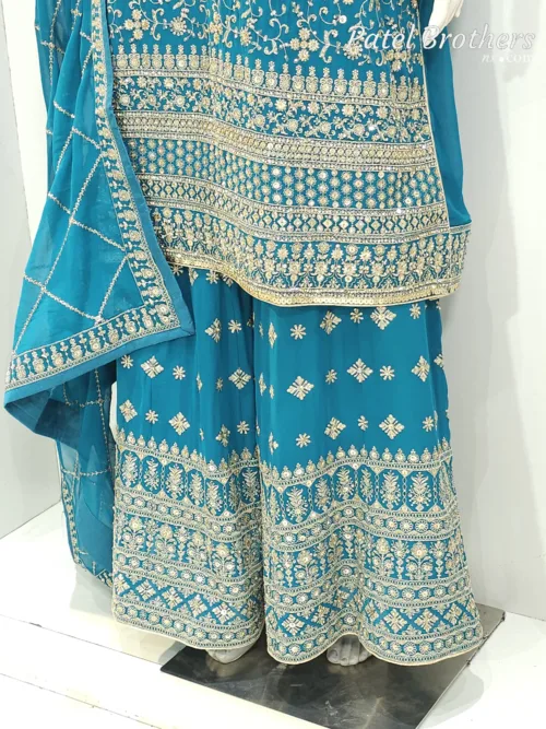 Teal Blue Heavy Embroidered Pure Georgette Plazo Suit | - Patel Brothers NX 6