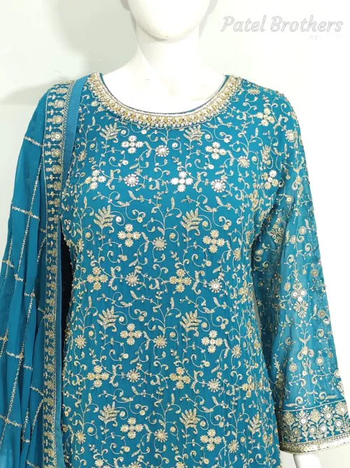 Teal Blue Heavy Embroidered Pure Georgette Plazo Suit | - Patel Brothers NX 5