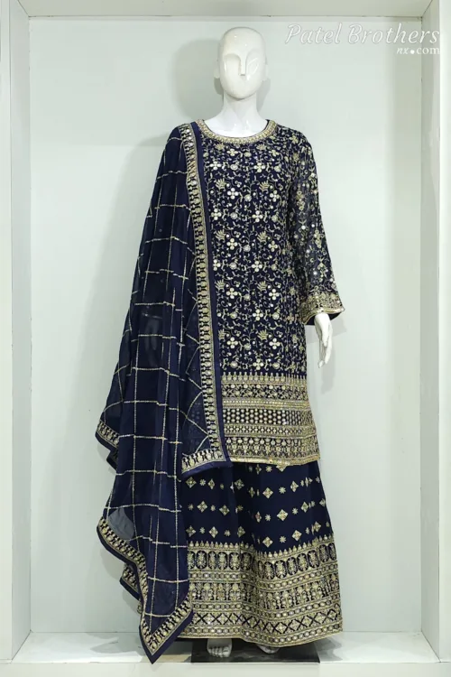 Dark Blue Heavy Embroidered Pure Georgette Plazo Suit | - Patel Brothers NX