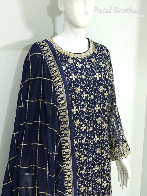 Dark Blue Heavy Embroidered Pure Georgette Plazo Suit | - Patel Brothers NX 2