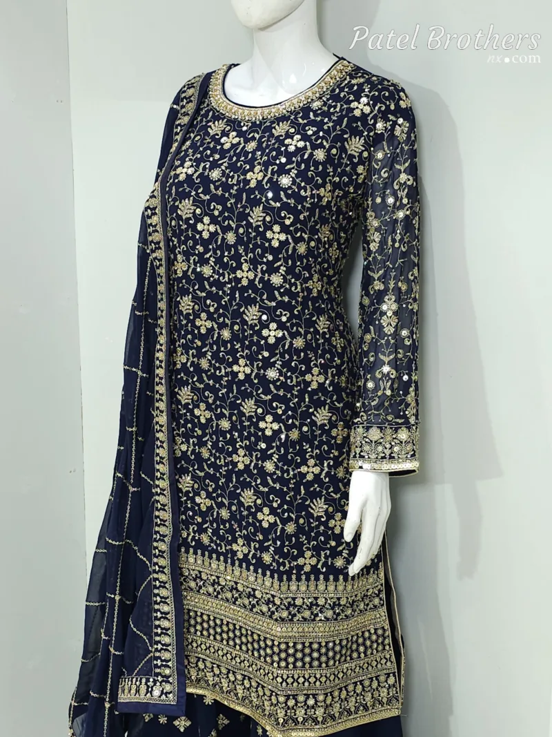 Dark Blue Heavy Embroidered Pure Georgette Plazo Suit | - Patel Brothers NX 8
