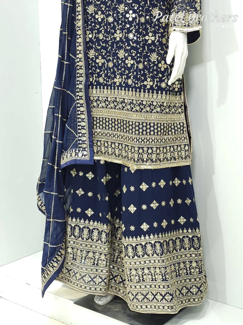 Dark Blue Heavy Embroidered Pure Georgette Plazo Suit | - Patel Brothers NX 7