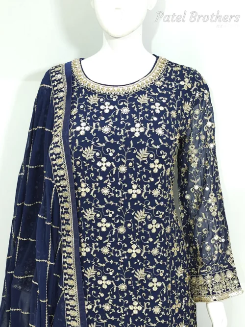 Dark Blue Heavy Embroidered Pure Georgette Plazo Suit | - Patel Brothers NX 4
