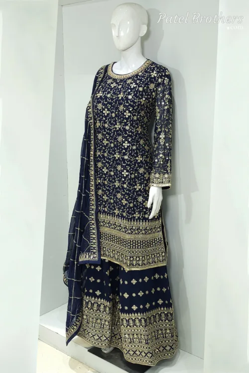 Dark Blue Heavy Embroidered Pure Georgette Plazo Suit | - Patel Brothers NX 3