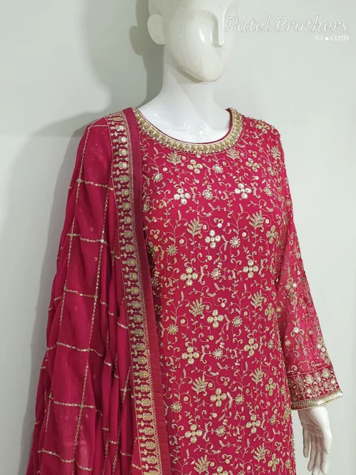 Hot Pink Heavy Embroidered Pure Georgette Plazo Suit | - Patel Brothers NX 2