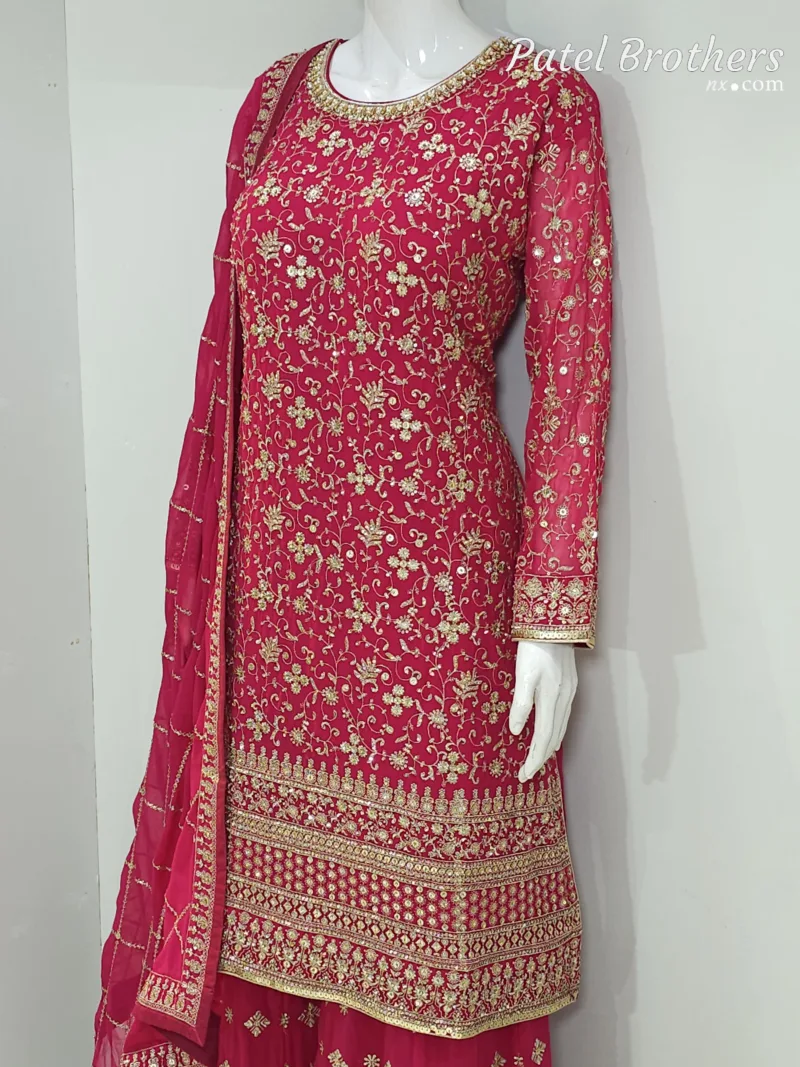Hot Pink Heavy Embroidered Pure Georgette Plazo Suit | - Patel Brothers NX 8