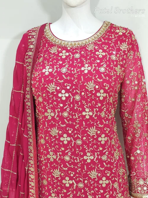 Hot Pink Heavy Embroidered Pure Georgette Plazo Suit | - Patel Brothers NX 4