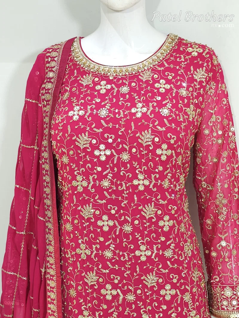 Hot Pink Heavy Embroidered Pure Georgette Plazo Suit | - Patel Brothers NX 6