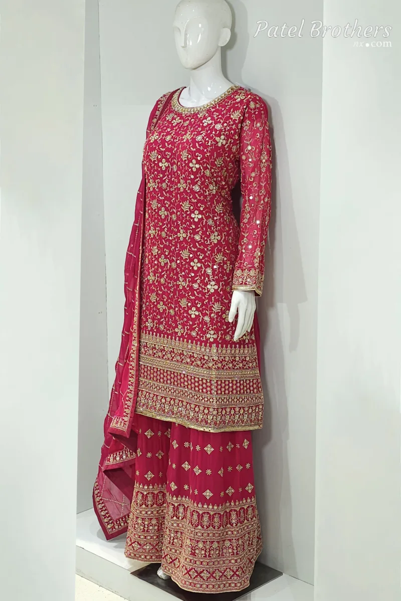Hot Pink Heavy Embroidered Pure Georgette Plazo Suit | - Patel Brothers NX 5