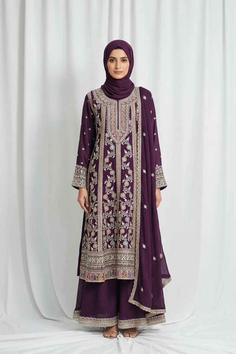 Elegant Dark Burgundy Pure Chinon Chiffon Embroidered Peplum Style Dress | 3236 D - Patel Brothers NX 5