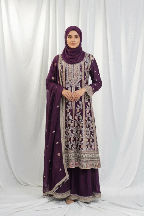 Elegant Dark Burgundy Pure Chinon Chiffon Embroidered Peplum Style Dress | 3236 D - Patel Brothers NX