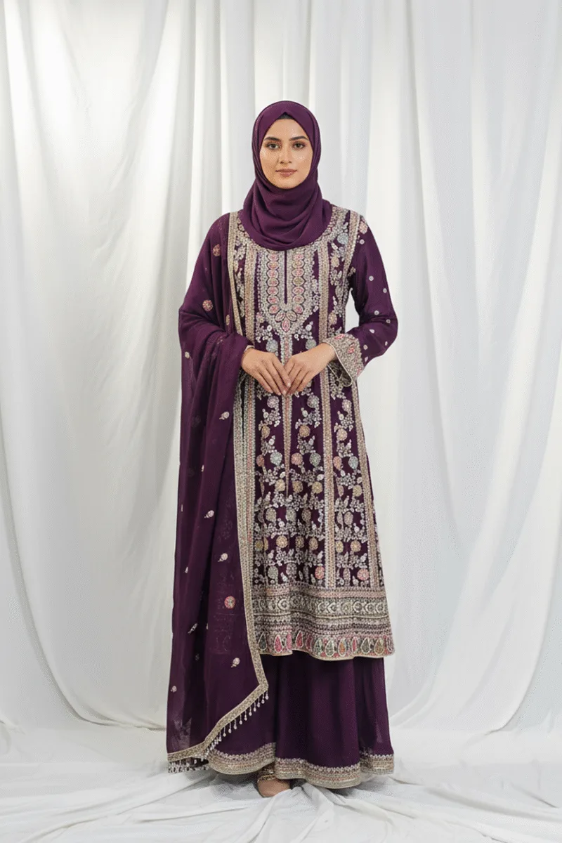 Elegant Dark Burgundy Pure Chinon Chiffon Embroidered Peplum Style Dress | 3236 D - Patel Brothers NX 3