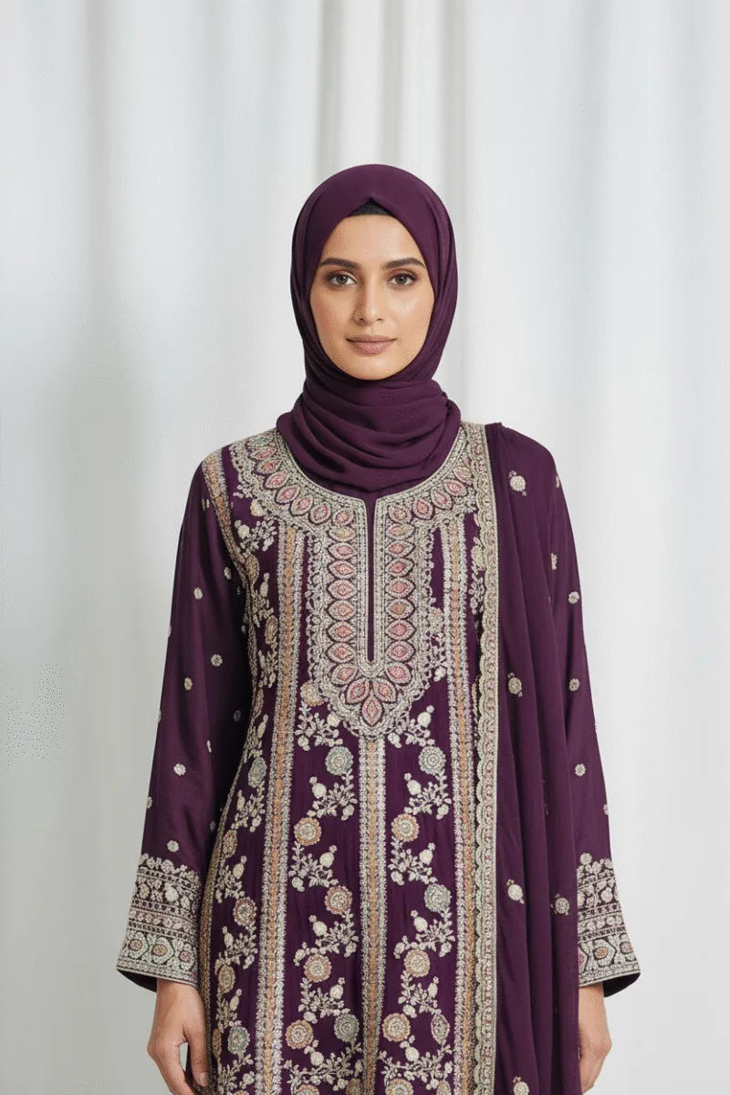 Elegant Dark Burgundy Pure Chinon Chiffon Embroidered Peplum Style Dress | 3236 D - Patel Brothers NX 4