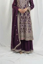 Elegant Dark Burgundy Pure Chinon Chiffon Embroidered Peplum Style Dress | 3236 D - Patel Brothers NX 10