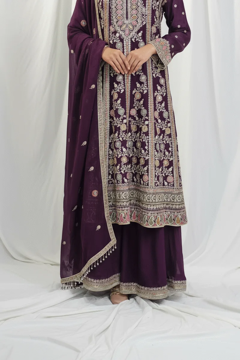 Elegant Dark Burgundy Pure Chinon Chiffon Embroidered Peplum Style Dress | 3236 D - Patel Brothers NX 6